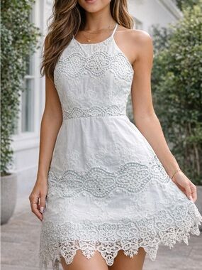 Versona Lace Halter Dress Light Blue Size M Boho Summer Mini